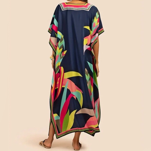 Boho V Neck Multicolor Maxi Kaftan Cover Up Dress - Picture 7 of 12
